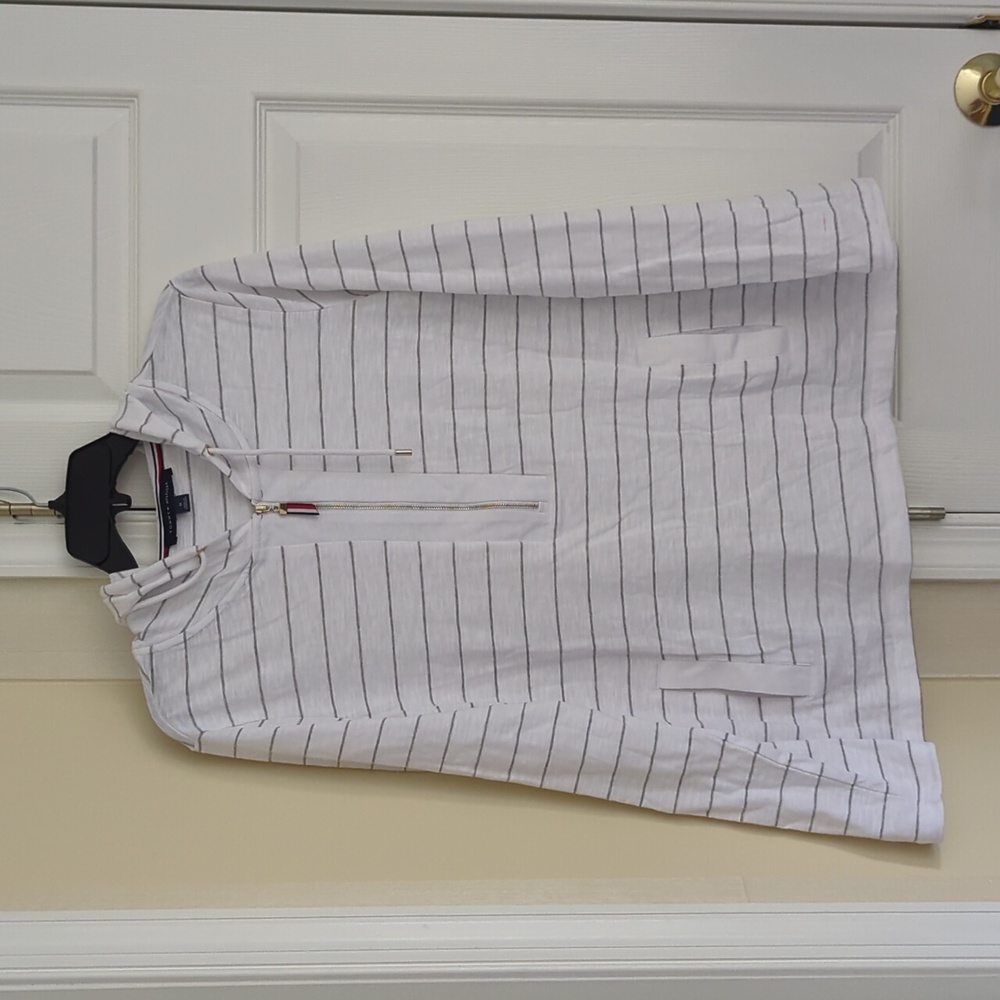 Tommy Hilfiger Women's lightweight hooded pullover shirt, white/gray, sz M